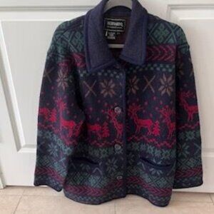 Bernardo Essentials Wool Size L Sweater Jacket Reindeer 100% Wool